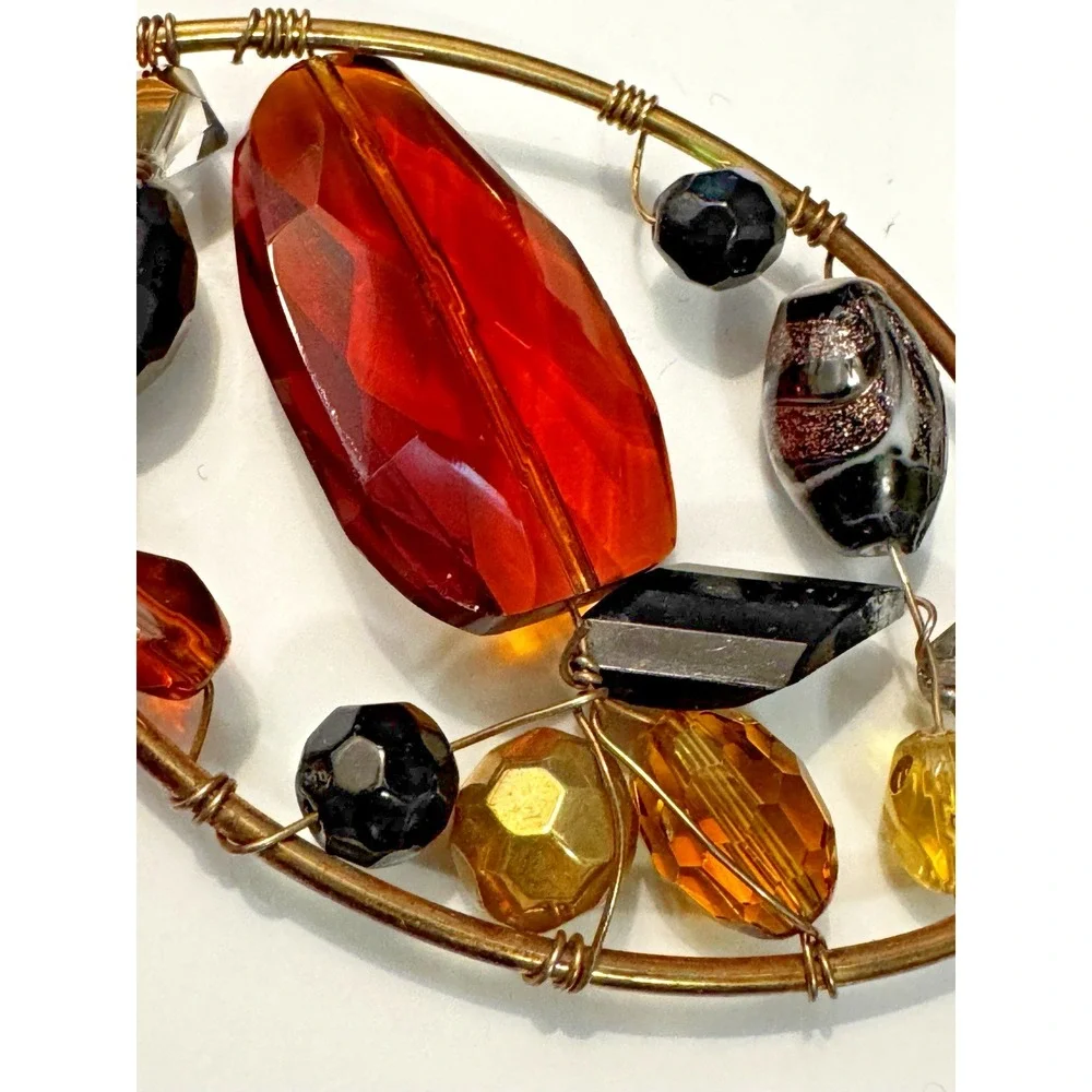 Gold‎ Tone Snake Chain Necklace Amber Multi Bead Wire Wrapped Oval Pendant